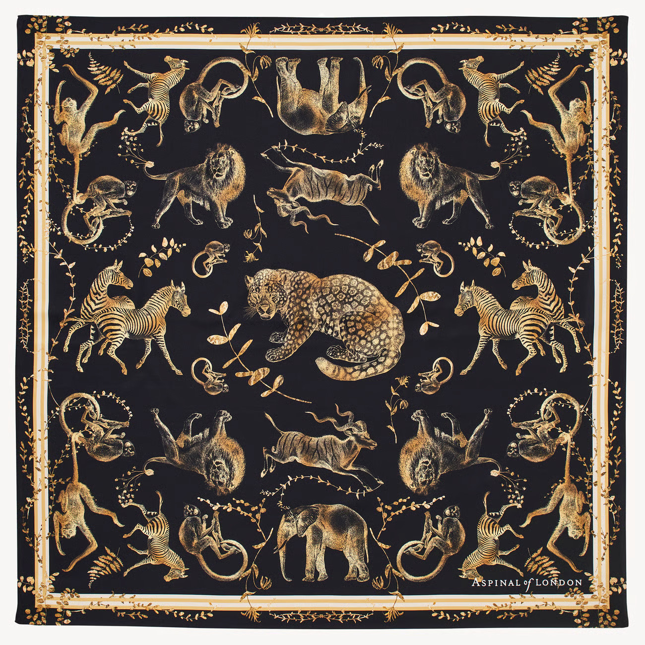 Animal Kingdom Silk Scarf

        
            
            Black & Gold Pure Silk | Aspinal of London