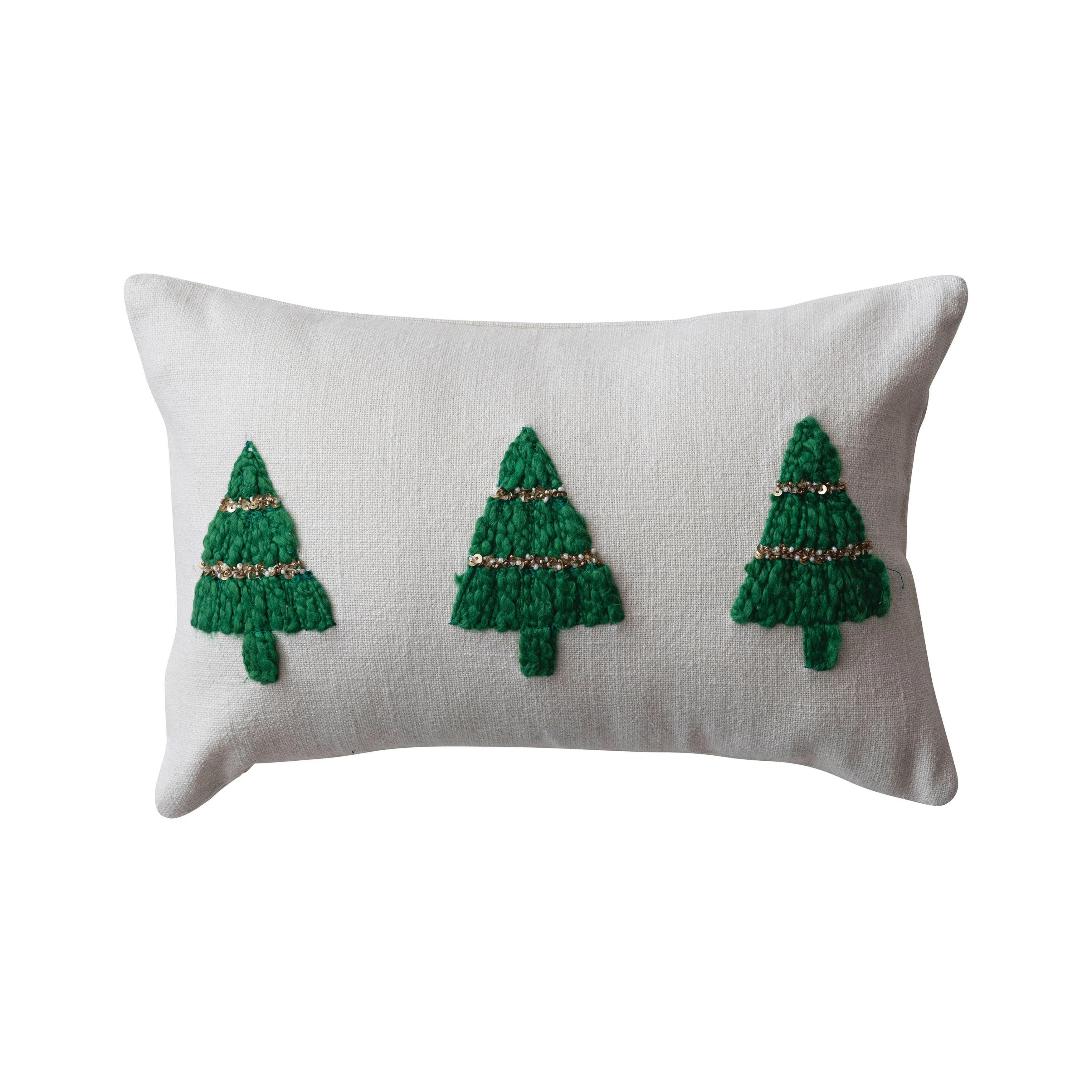 Cotton Slub Lumbar Pillow With Embroidered Christmas Trees And Beads | Wayfair North America