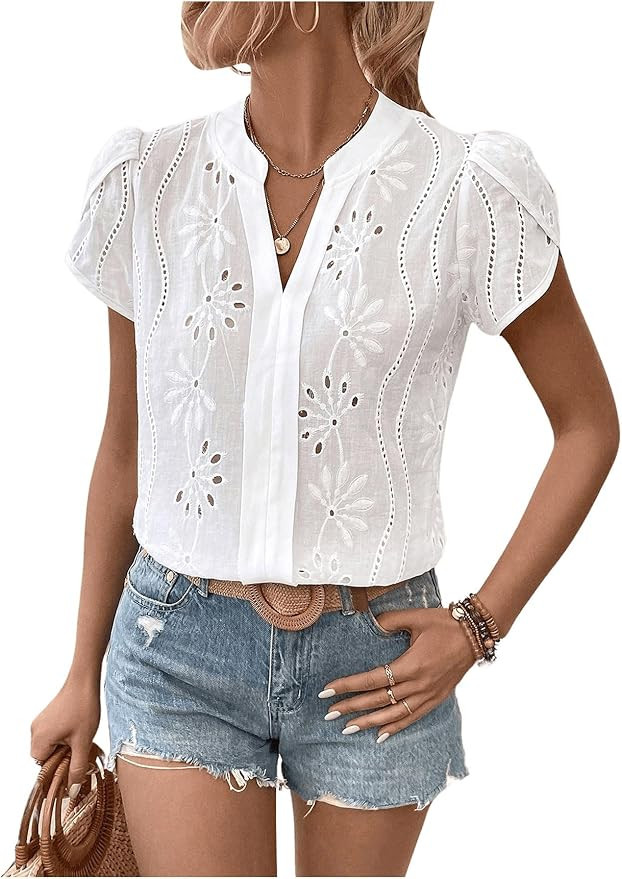 SweatyRocks Women's Embroidered Eyelet Tops Floral Summer Puff Sleeve Dressy Casual Blouses V Nec... | Amazon (US)