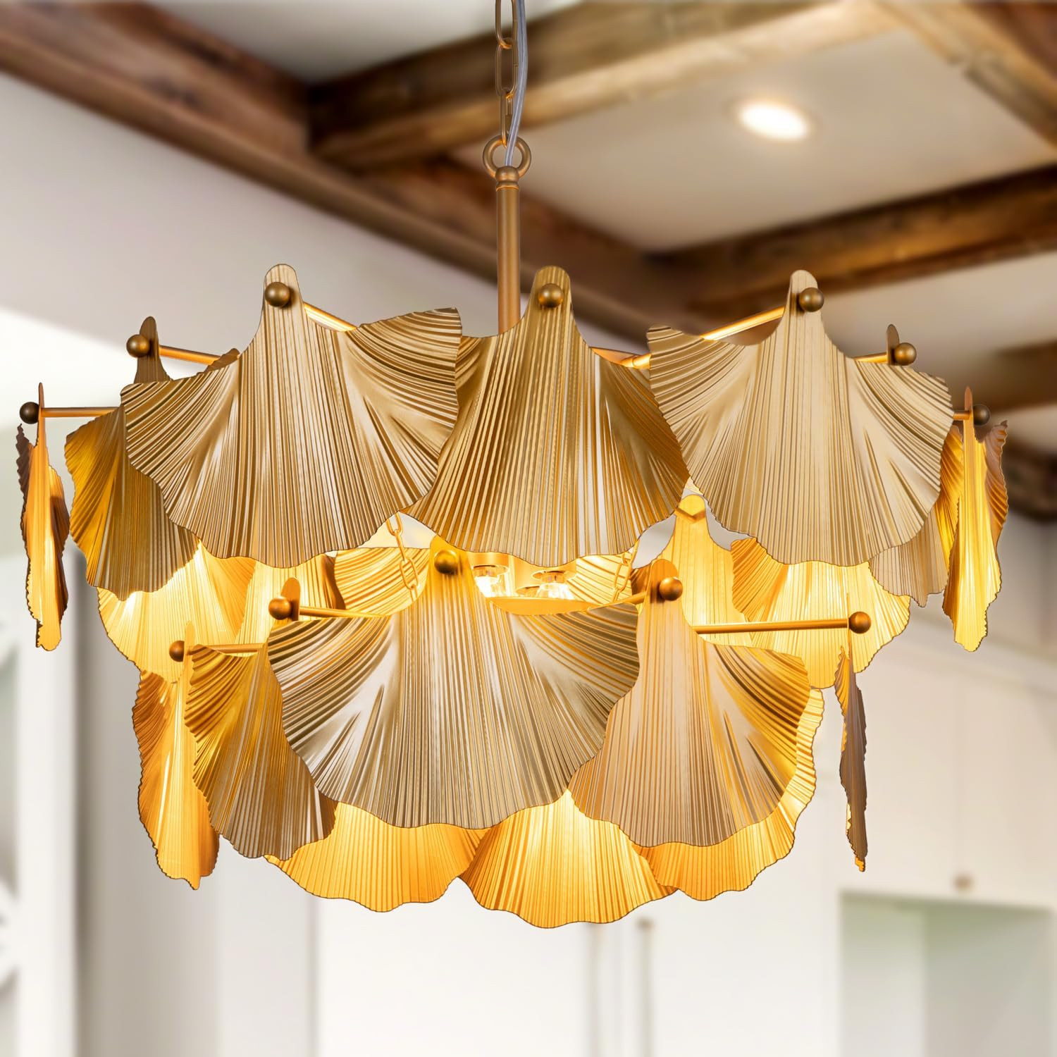 TOCHIC Modern Farmhouse Chandelier, 8 Lights Gold Chandeliers for Dining Room, Rustic Chandelier with Ginkgo Leaves, Ceiliing Light Fixture for Living Room, Bedroom, Kitchen, Entryway, W-25.98" | Amazon (US)