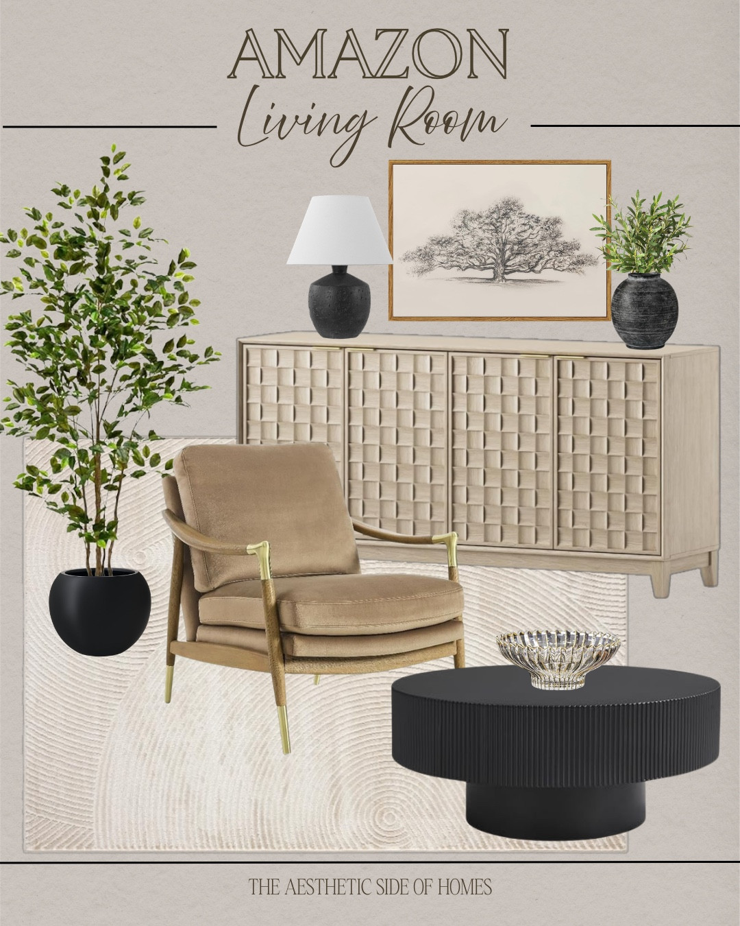 Amazon styled living room includes area rug, accent chair, buffet, coffee table, decorative bowl, vase, greenery stems, wall art, table lamp, faux tree, and planter.

Home decor, styled home, looks for less

#LTKvlog #LTKHome #LTKSeasonal