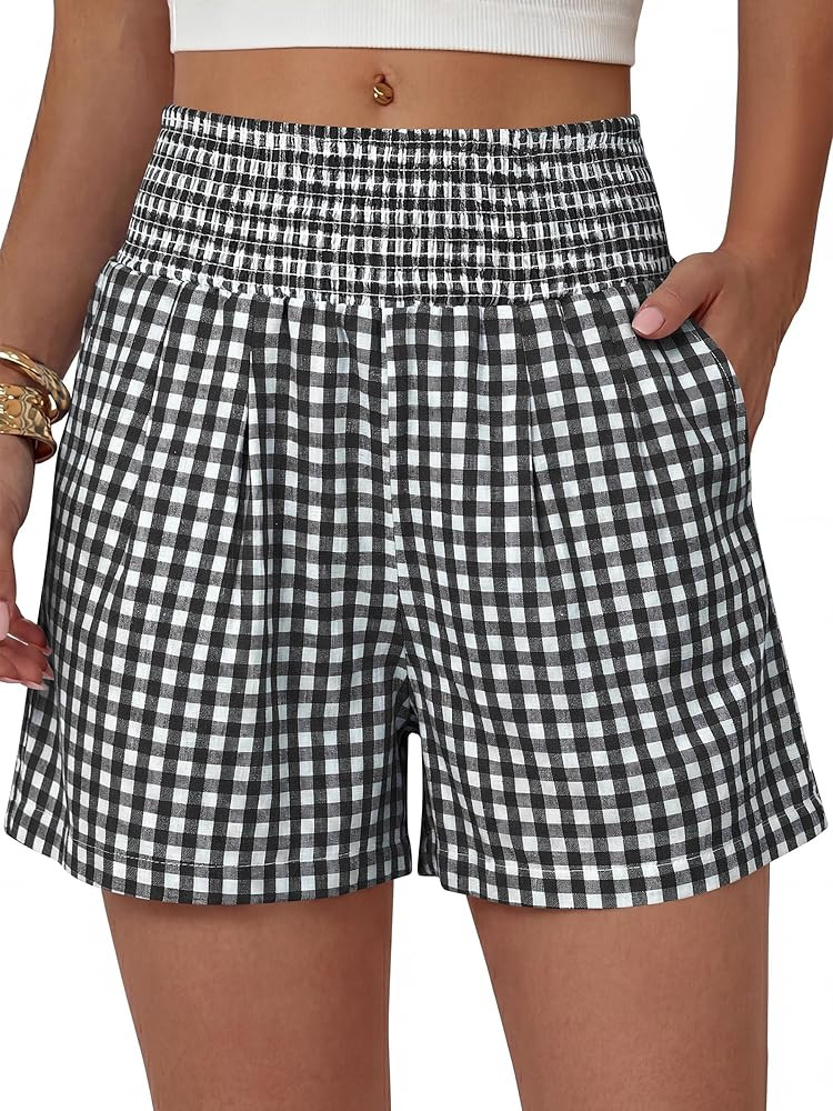 ANRABESS Women High Waisted Shorts, Striped & Gingham Lounge Pajama Beach Shorts with Pockets, Cu... | Amazon (US)