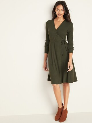 Rib-Knit Waist-Defined Wrap Dress for Women | Old Navy (US)