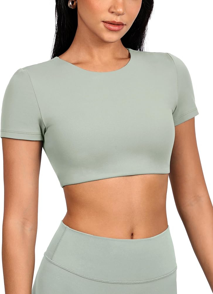 Womens Crew Neck Short Sleeve Crop Tops Yoga Workout Padded Top Slim Fit Shirts Casual T Shirt Ba... | Amazon (US)