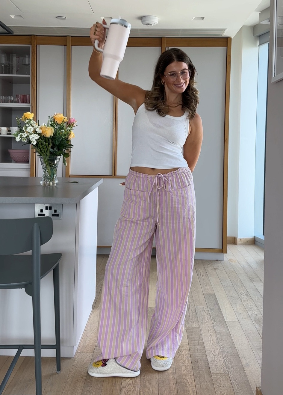 pyjamas trouser pink summer trouser cowboy hat slipper white vest top tank Uniqlo asos Stanley cup gold glasses pink stripe wide leg drawstring trouser free people mango Abercrombie H&M travel outfit night in comfy summer outfit 

#LTKsummer #LTKuk #LTKtravel
