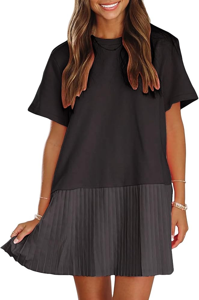 EXLURA Womens Summer Casual Short Sleeve Dress Crewneck Tshirt Dresses Pleated Aline Mini Dress 2... | Amazon (US)