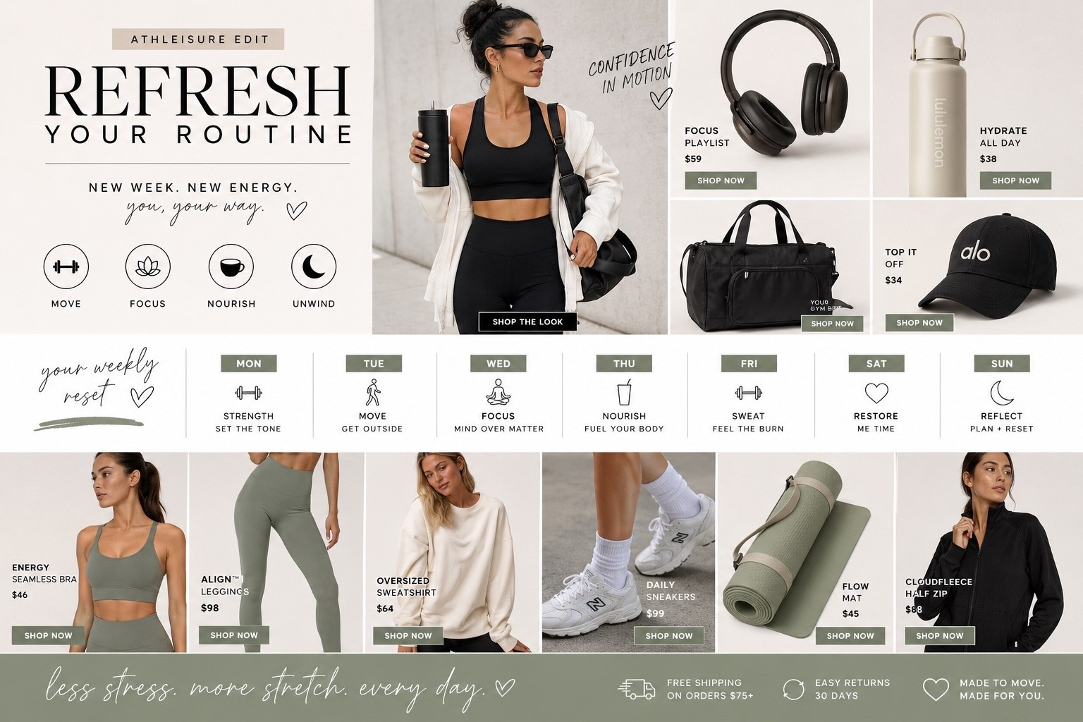 Refresh your routine ✨
Your weekly reset starts with pieces that feel as good as they look. From morning walks and gym sessions to coffee runs and cozy nights in, these athleisure favorites are made to keep up with every part of your day. 🤍

Effortless, flattering, and comfy enough to live in — because getting dressed should be the easiest part of your routine.

Shop the collage now and find your new everyday essentials 🛍️ #AthleisureStyle #RefreshYourRoutine #ShopTheLook #EverydayAthleisure

#LTKselfcare #LTKActive #LTKfitnessgoals