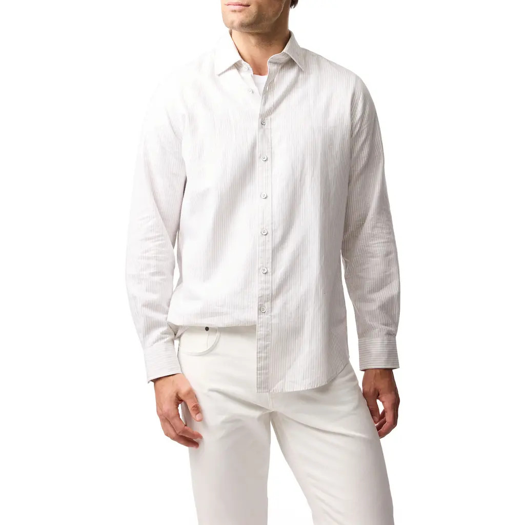 Rodd & Gunn Batista Hill Stripe Linen & Cotton Button-Up Shirt in Sand at Nordstrom, Size Medium | Nordstrom