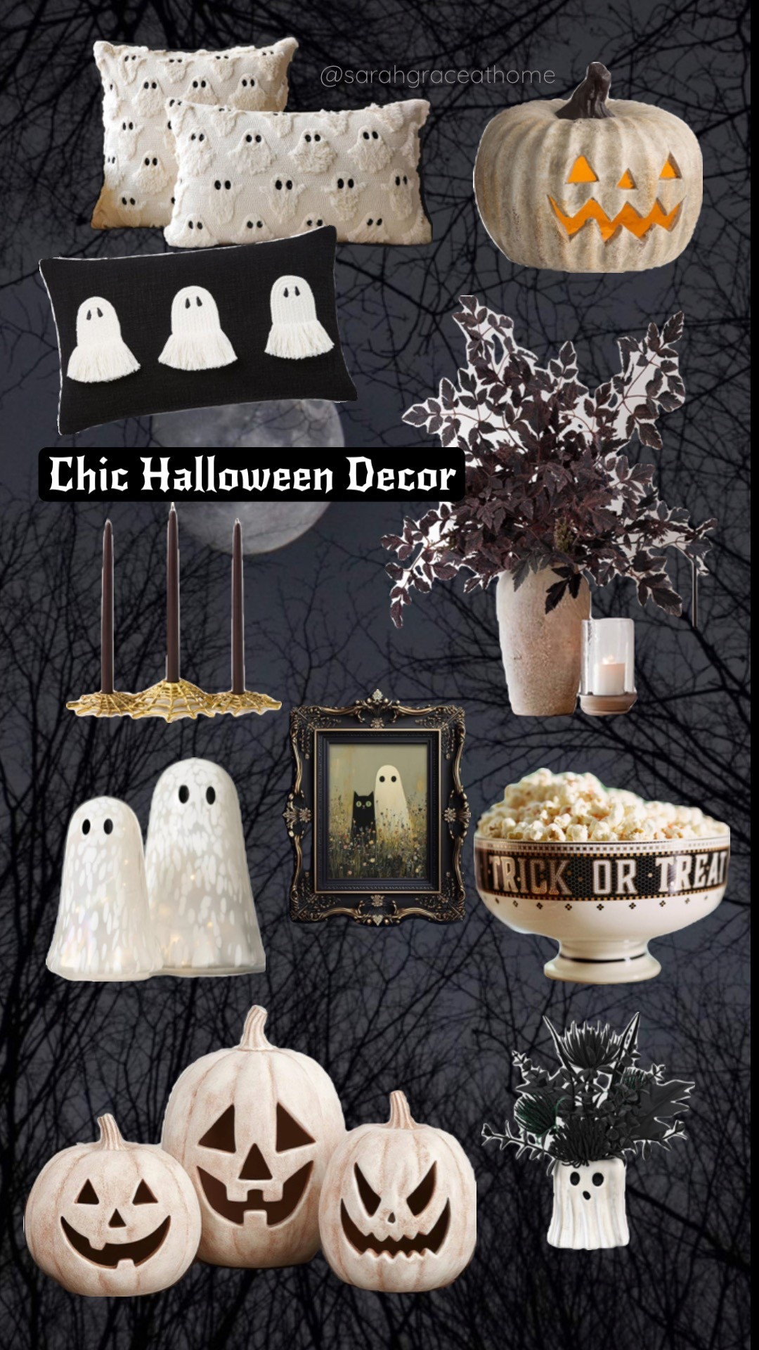 These 2025 Chic Halloween decor finds are spooky and stylish. Featuring ghost pillows, elegant black taper candles with gold spiderweb holders, white jack-o’-lantern pumpkins, light-up ghosts, and a trick-or-treat serving bowl, this collection blends modern farmhouse charm with festive Halloween accents. Decorating ideas for moody floral arrangements, whimsical ghost artwork, and neutral-toned pumpkin decorations for a sophisticated yet playful Halloween vibe. 

#LTKSeasonal #LTKHome
