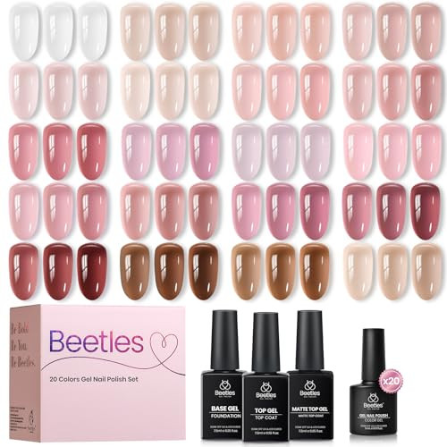 Beetles Soft Tint Jelly Gel Nail Polish Set - 23PCS 20 Colors Jelly Nude Pink Milky White Purple Brown Red Sheer Translucent Base Coat Glossy Matte Top Coat French Nail Art Gift Manicure for Women | Amazon (US)