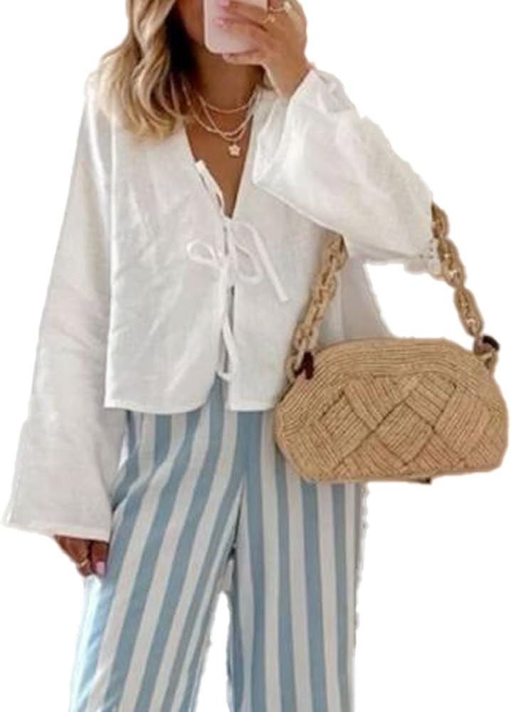 Chvity Tie Front Tops for Women Y2K Linen Shirts Flare Sleeve V Neck Going Out Coquette Clothes C... | Amazon (US)