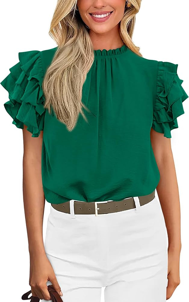 KIRUNDO Womens Blouse 2025 Spring Summer Dressy Casual Ruffle Short Sleeve Frill Mock Neck Work S... | Amazon (US)