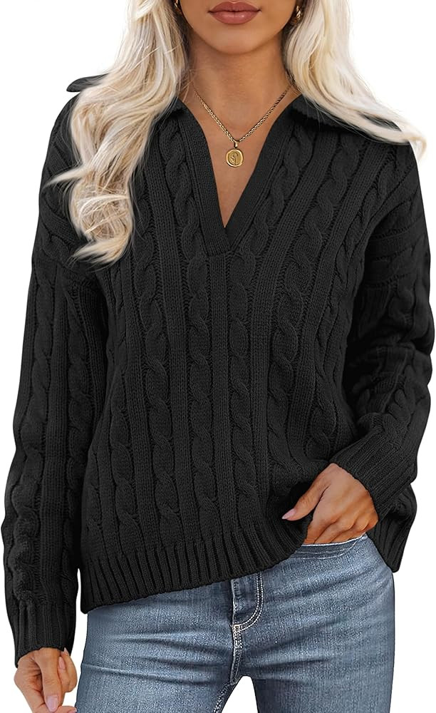 PRETTYGARDEN Fall Cable Knit Sweaters for Women 2025 Long Sleeve Loose Chunky Polo V Neck Sweater... | Amazon (US)
