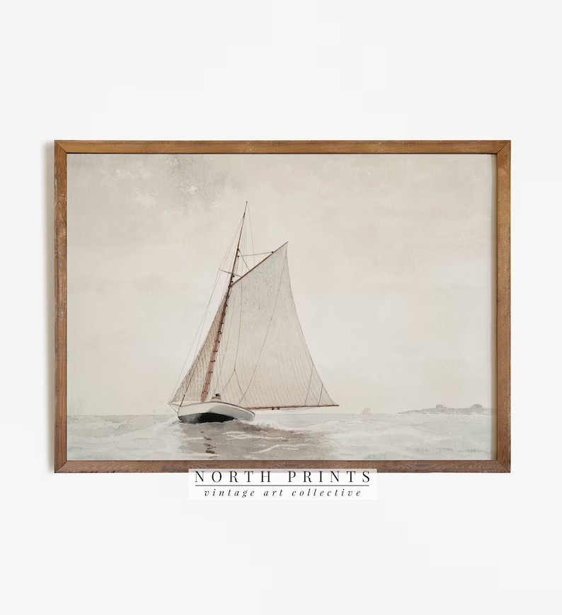 Muted Sailboat Watercolor Painting  Antique Lake House Print - Etsy | Etsy (US)