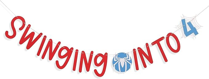 Spider 4th Birthday Banner - Swinging into 4 Banner, Spider Birthday Decorations for Kids, Boys F... | Amazon (US)