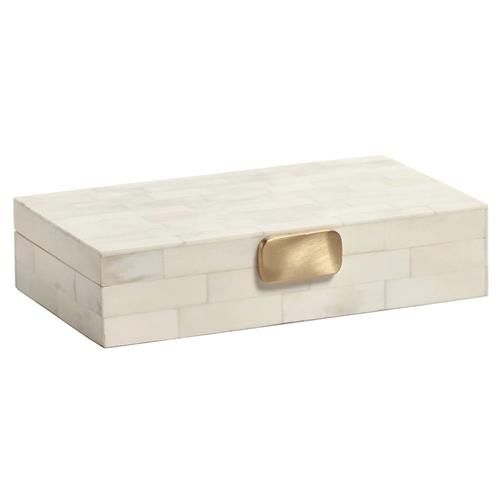 Vicenta Regency White Bone Gold Brass Handle Rectangular Decorative Box | Kathy Kuo Home