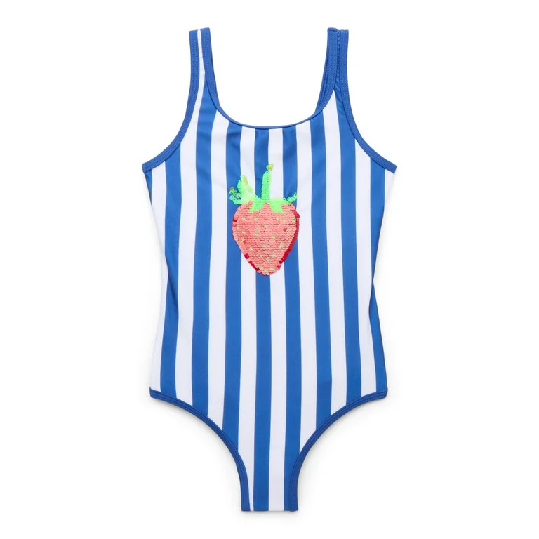 Wonder Nation Girls Flip Sequin Strawberry Striped One-Piece Swimsuit with UPF 50, Sizes 4-18 & P... | Walmart (US)