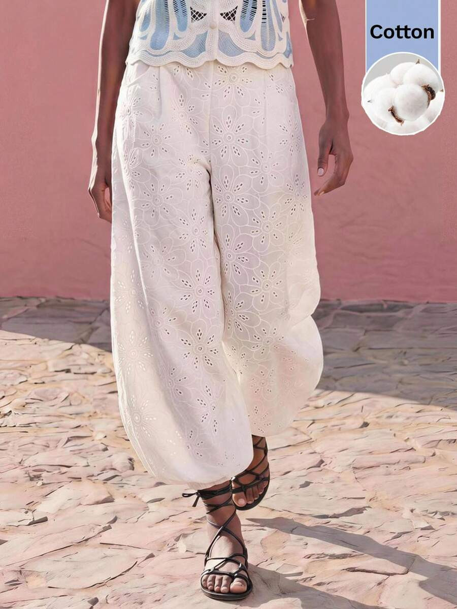 Maija Women's Casual Vacation Hollow Out Pleated Pocket Drawstring Pants,Vacation Outfits Women | SHEIN