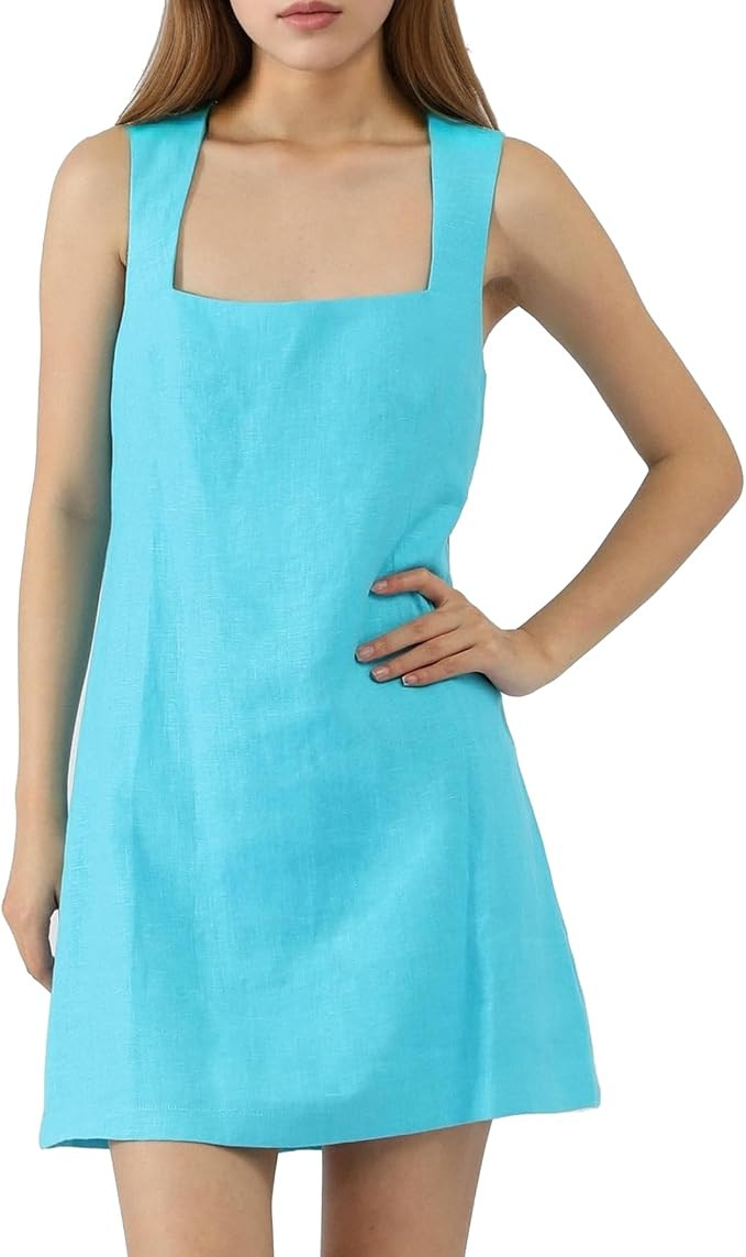 Women's 100% Linen Square Neck Sleeveless Mini Dress Tailored Fit with Lining A-Line Summer Dress | Amazon (US)