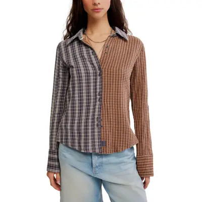 Free People Benny Slim Plaid Cotton Shirt in Rusty Red Combo at Nordstrom, Size X-Small | Nordstrom