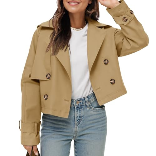Tankaneo Womens Cropped Trench Coat Lapel Double Breasted Short Jacket Outwear | Amazon (US)