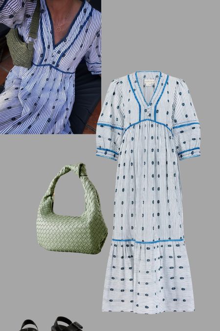 The perfect summer dress from Aspiga with green bag and chunky sandals