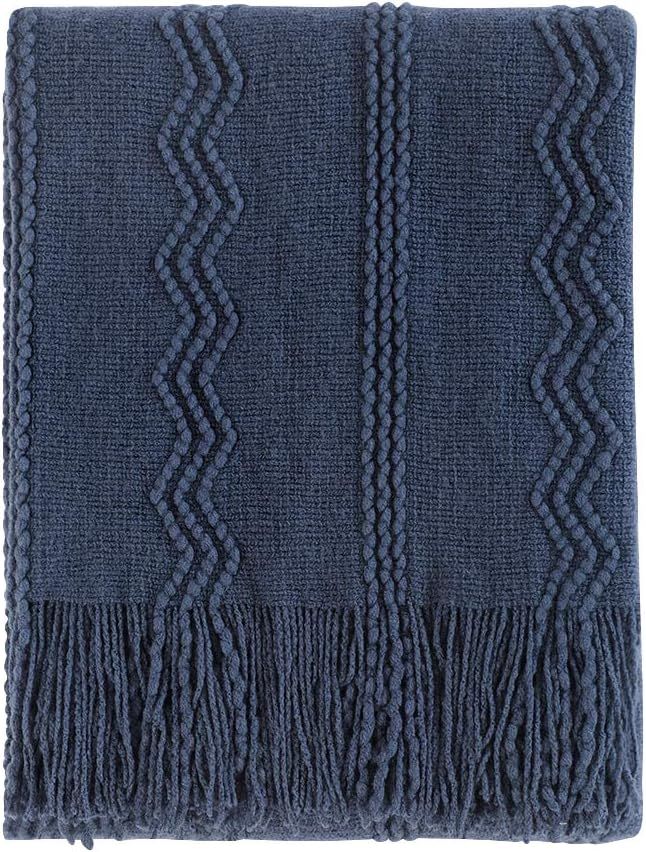 BOURINA Throw Blanket Textured Solid Soft Sofa Couch Decorative Knitted Blanket, 50" x 60" Navy | Amazon (US)