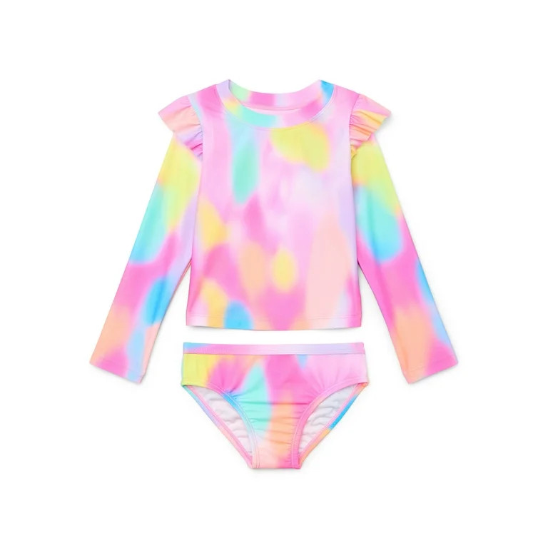 Wonder Nation Baby and Toddler Girls Long Sleeve Ruffle Rashguard and Swim Bottom Set, 2-Piece, S... | Walmart (US)