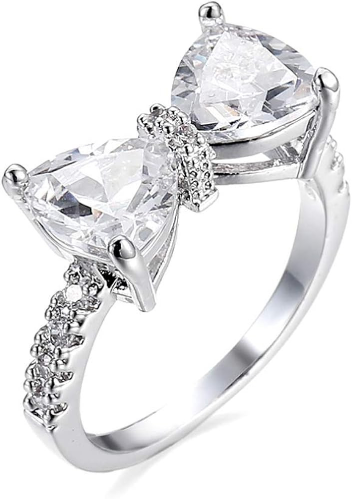 Fashion Bow Tie Ring Heart Cubic Zirconia Bowknot Anniversary Wedding Engagement Ring White Gold ... | Amazon (US)