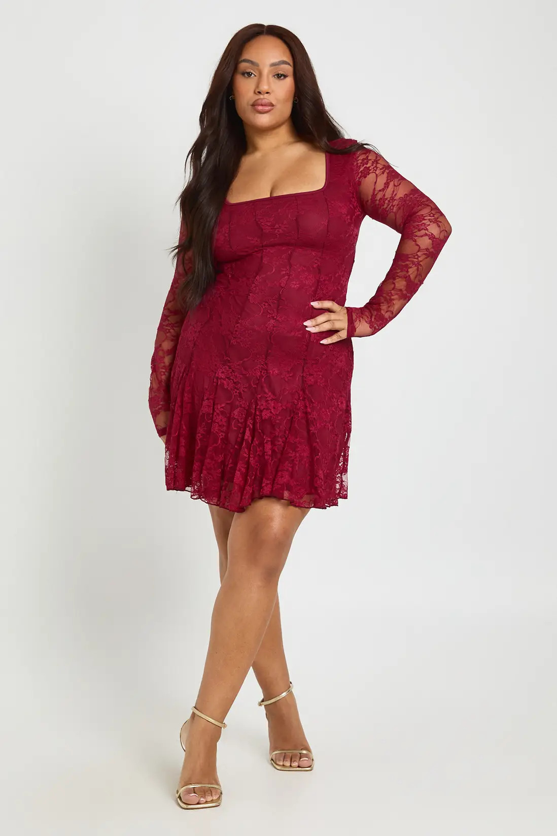Plus Lace Godet Skater Mini Dress | boohoo (US & Canada)