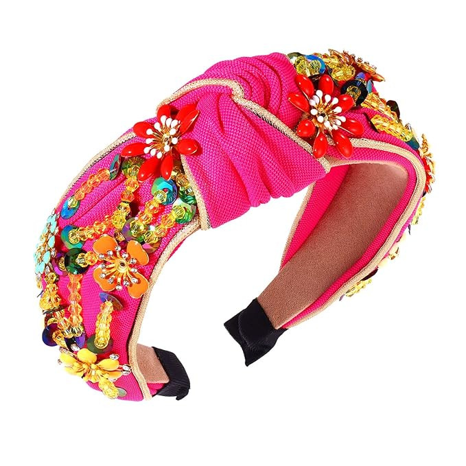 Rhinestone Crystal Wide Headbands Handmade Beaded Flower Knot Turban Hairband Vintage Beads Flora... | Amazon (US)