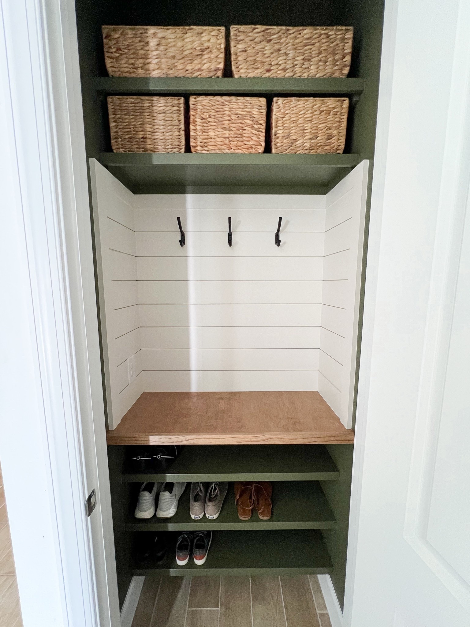 Our hall closet renovation is complete! We turned our coat closet into a beautiful  closet with shoe shelves, a countertop, hooks, and upper shelves for additional storage!

#LTKOver40 #LTKHome #LTKFamily