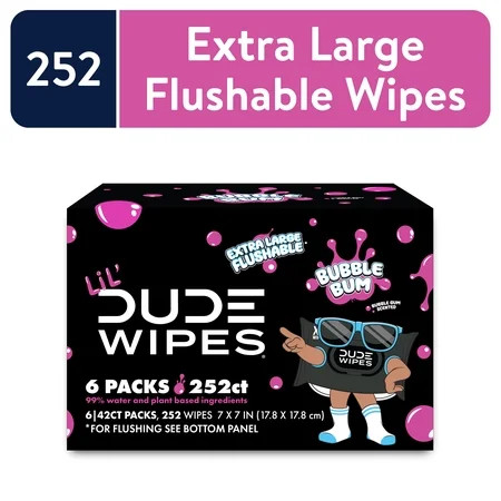 LiL' DUDE Flushable Wipes, Extra Large Bubble Bum Wet Wipes, Bubble Gum Scent, 252 Count, 6 Pack | Walmart (US)