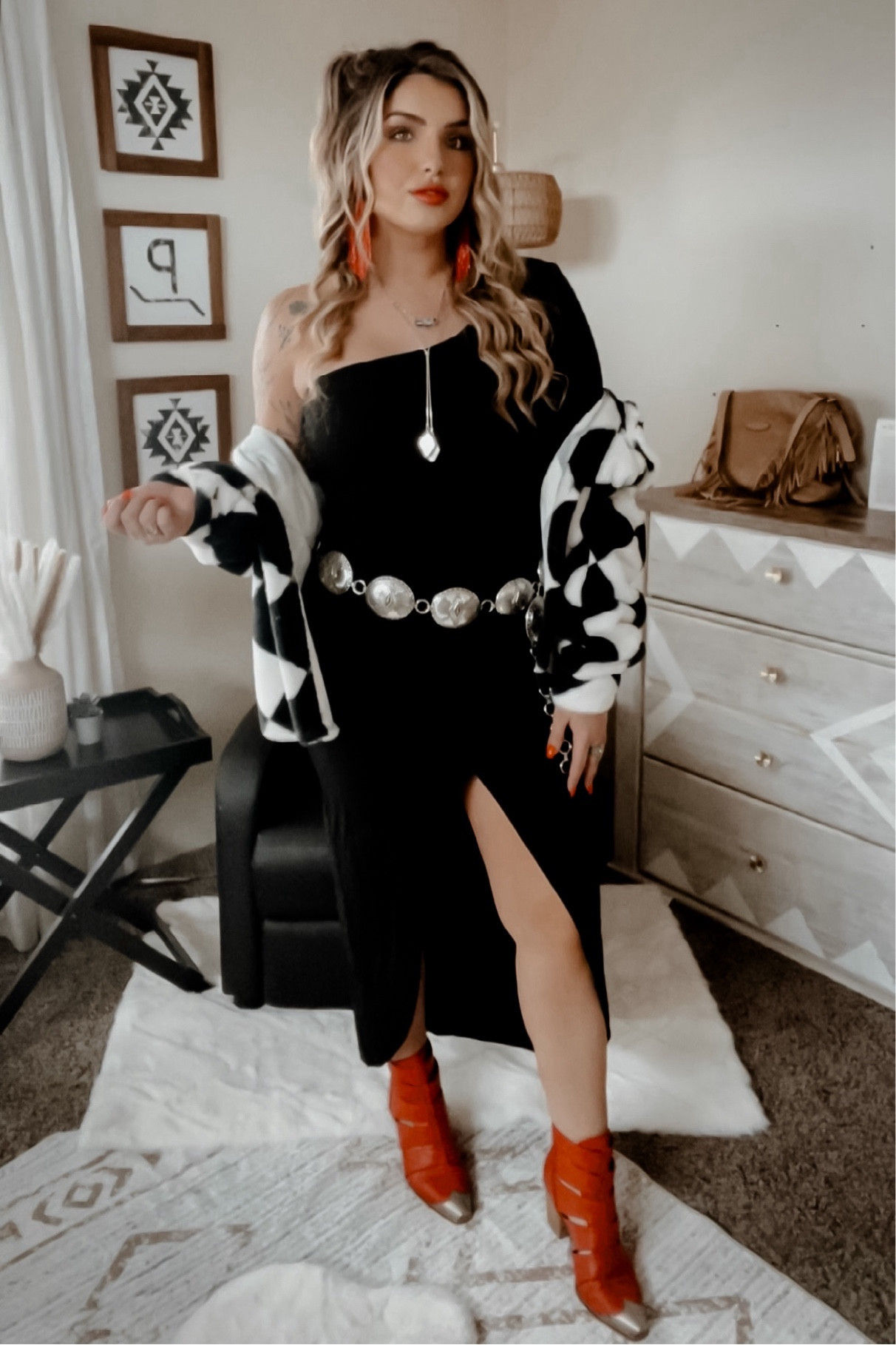 Western + Edgy Valentine’s Day Date Outfit ✨ 

Dress: Zesica on Amazon 
Boots: Buckle
Belt: Wild J Boutique 
Jacket: Vici 
Bolo: Pretty Outlaw Jewelry
Necklace: Turquoise Tuesday
Earrings: Old from Cactus Rose Boutique 