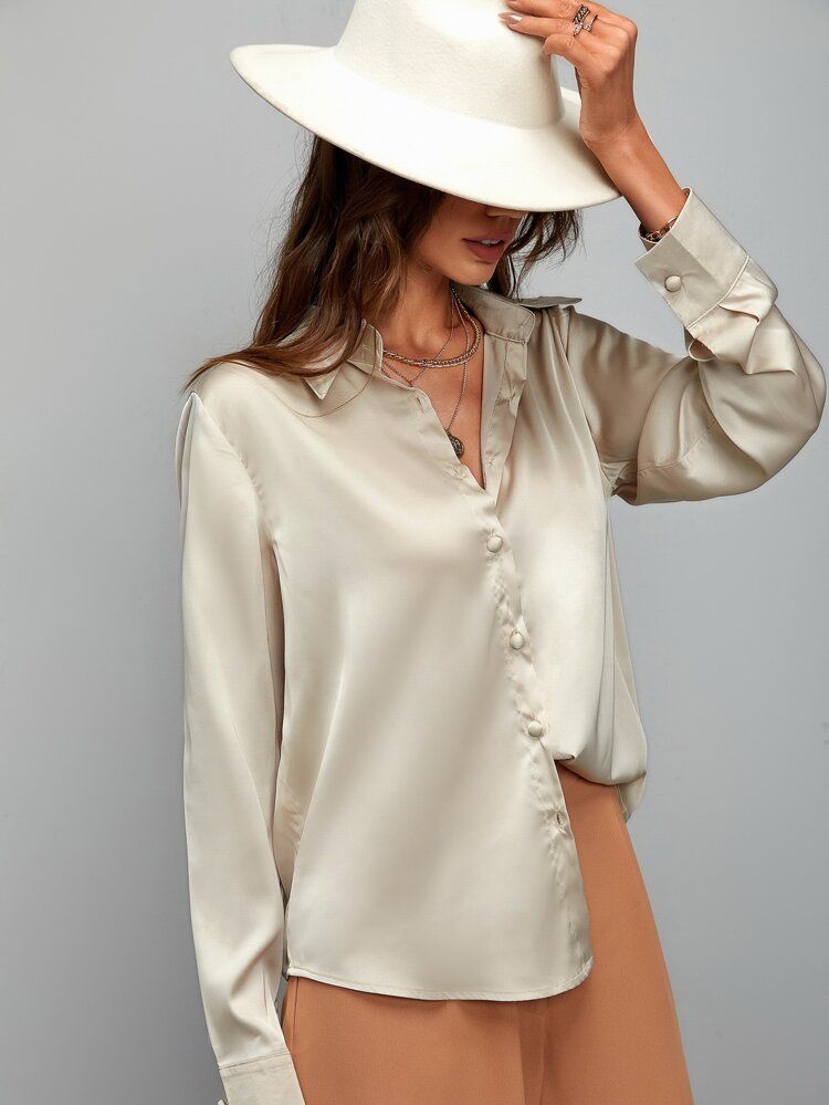 Satin Solid Button Up Blouse | SHEIN