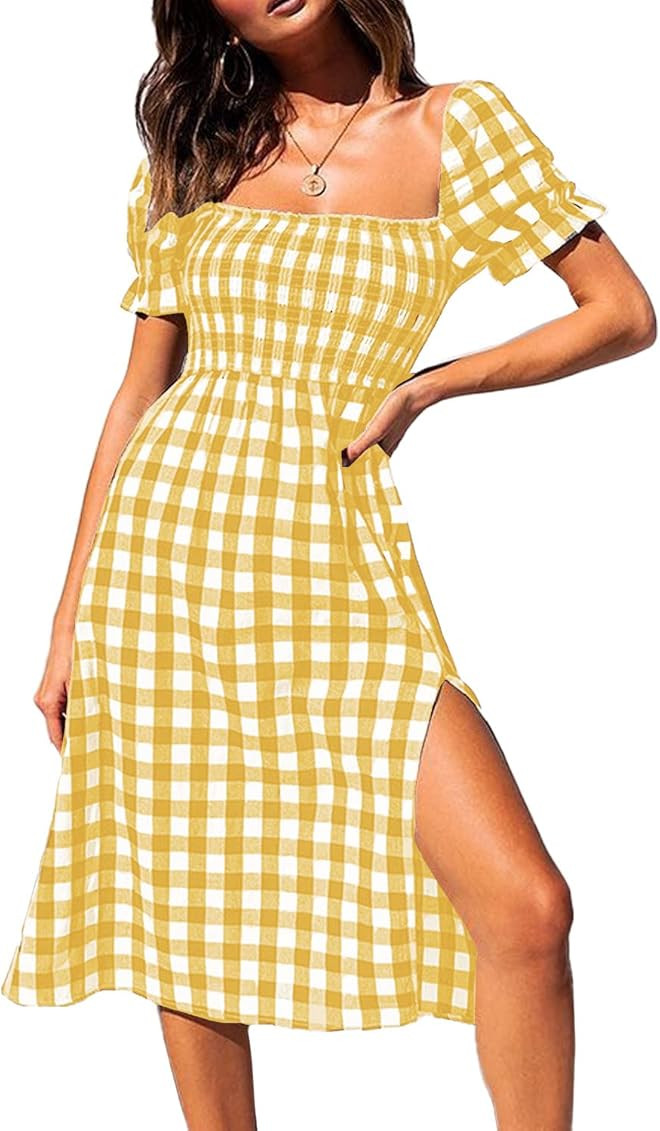 PRETTYGARDEN Plaid Dress for Women Short Puff Sleeve Square Neck Side Split Summer Midi Flowy Dresse | Amazon (US)