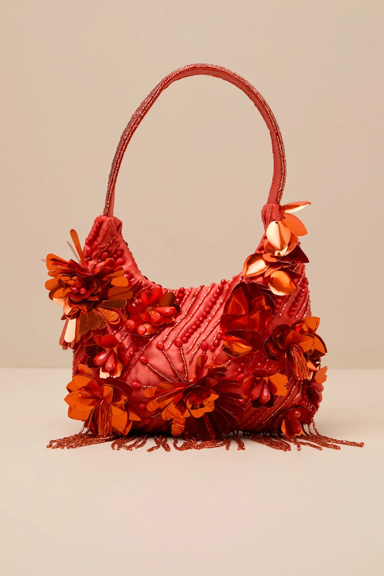 Naisha Red 3D Floral Sequin Beaded Fringe Shoulder Bag | Lulus