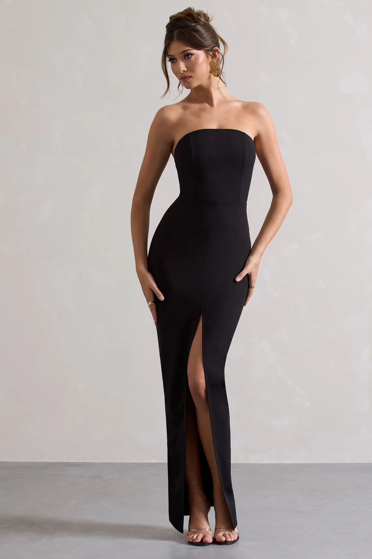 Cailin | Black Strapless Split Maxi Dress | Club L London