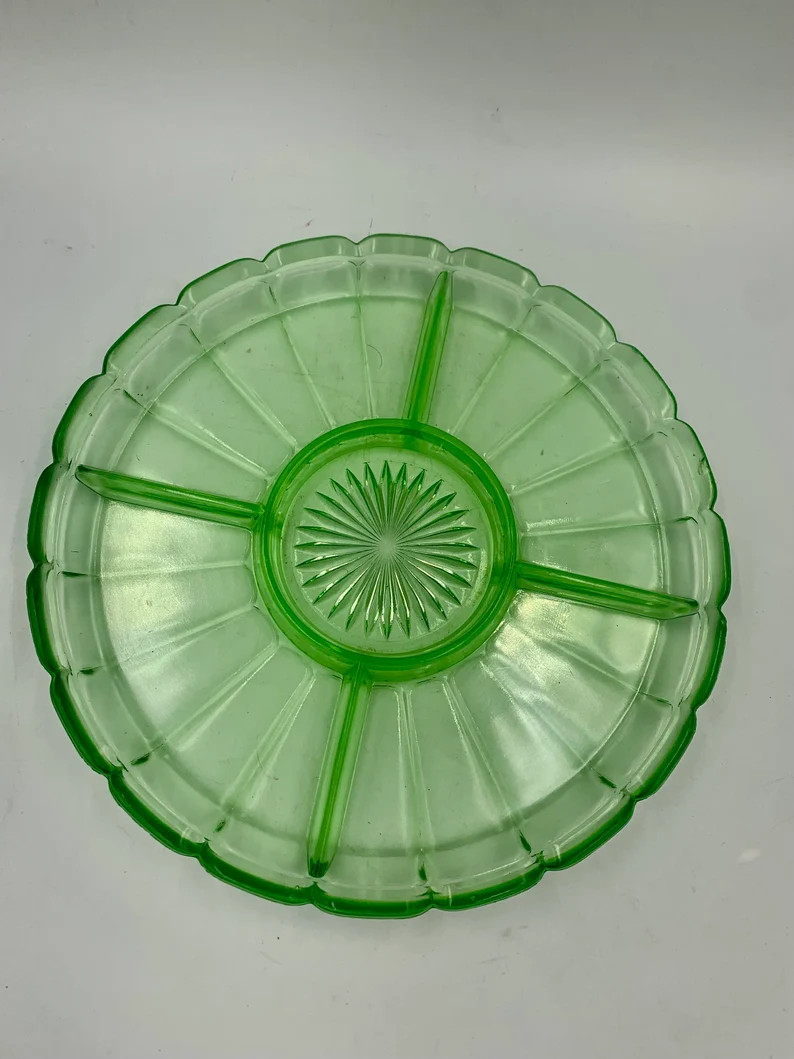 Uranium Glass Divided Dish Relish Condiment Tray Depression Glass Hazel Atlas | Etsy (US)