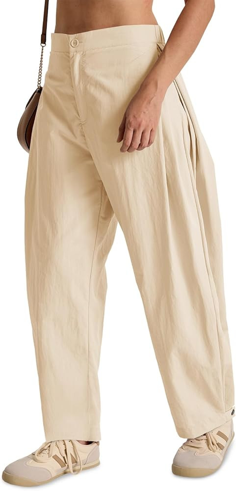 Fisoew Barrel Pants Women Casual Wide Leg Baggy Pants Side Pleated Horseshoe Style Trousers with ... | Amazon (US)