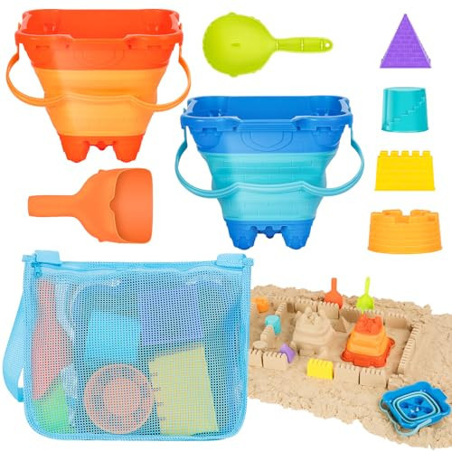 HUGCATY Beach Toys, Collapsible Sand Toys - 9pcs Sand Castle Building Kit: Foldable Sand Buckets, Shovels, Castle Molds & Packable Mesh Bag - Sandbox Toys for Toddlers, Kids Ages 3-12, Beach Travel | Amazon (US)