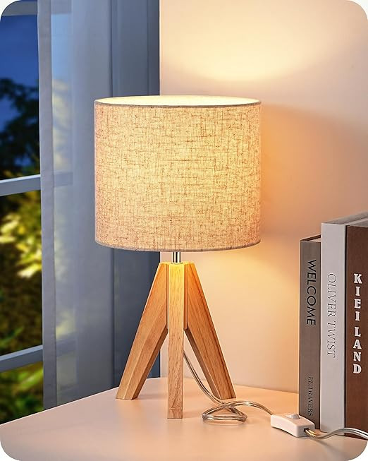 EDISHINE Small Table Lamp, Boho Bedside Lamp with Linen Fabric Shade, Wood Tripod Nightstand Lamp... | Amazon (US)
