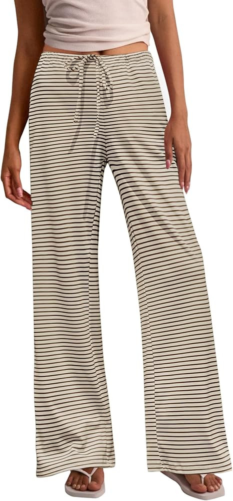 Zwurew Women's Striped Pants Wide Leg Drawstring Elastic Waist Comfy Knit Pajama Lounge Pants Sle... | Amazon (US)
