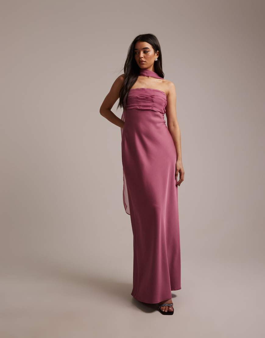 Six Stories Bridesmaids satin bandeau pleated bust detail scarf detail maxi dress in dark pink-Purple | ASOS (Global)