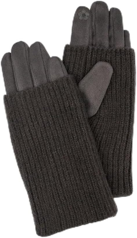 2-in-1 Faux Suede Gloves with Ribbed Knit Wrist Warmers, Dark gray | Amazon (US)