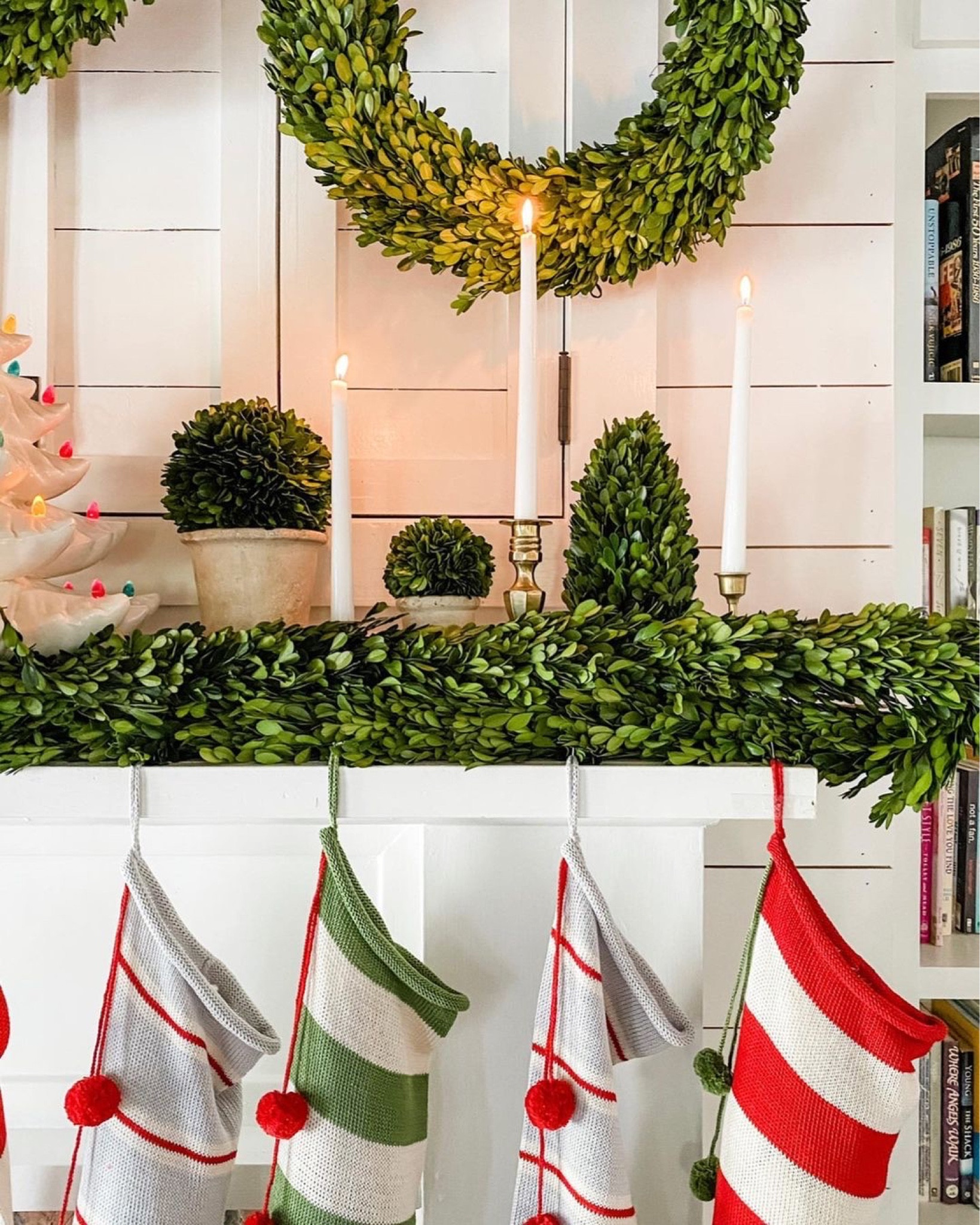 Christmas decor - Christmas home decor - mantle decor - boxwood garland -  boxwood wreath - Christmas stockings 

#LTKSeasonal #LTKHoliday #LTKhome