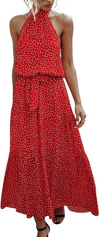 TEMOFON Women's Dresses Halter Neck Summer Boho Maxi Floral Print Backless Sleeveless Dress with Bel | Amazon (US)