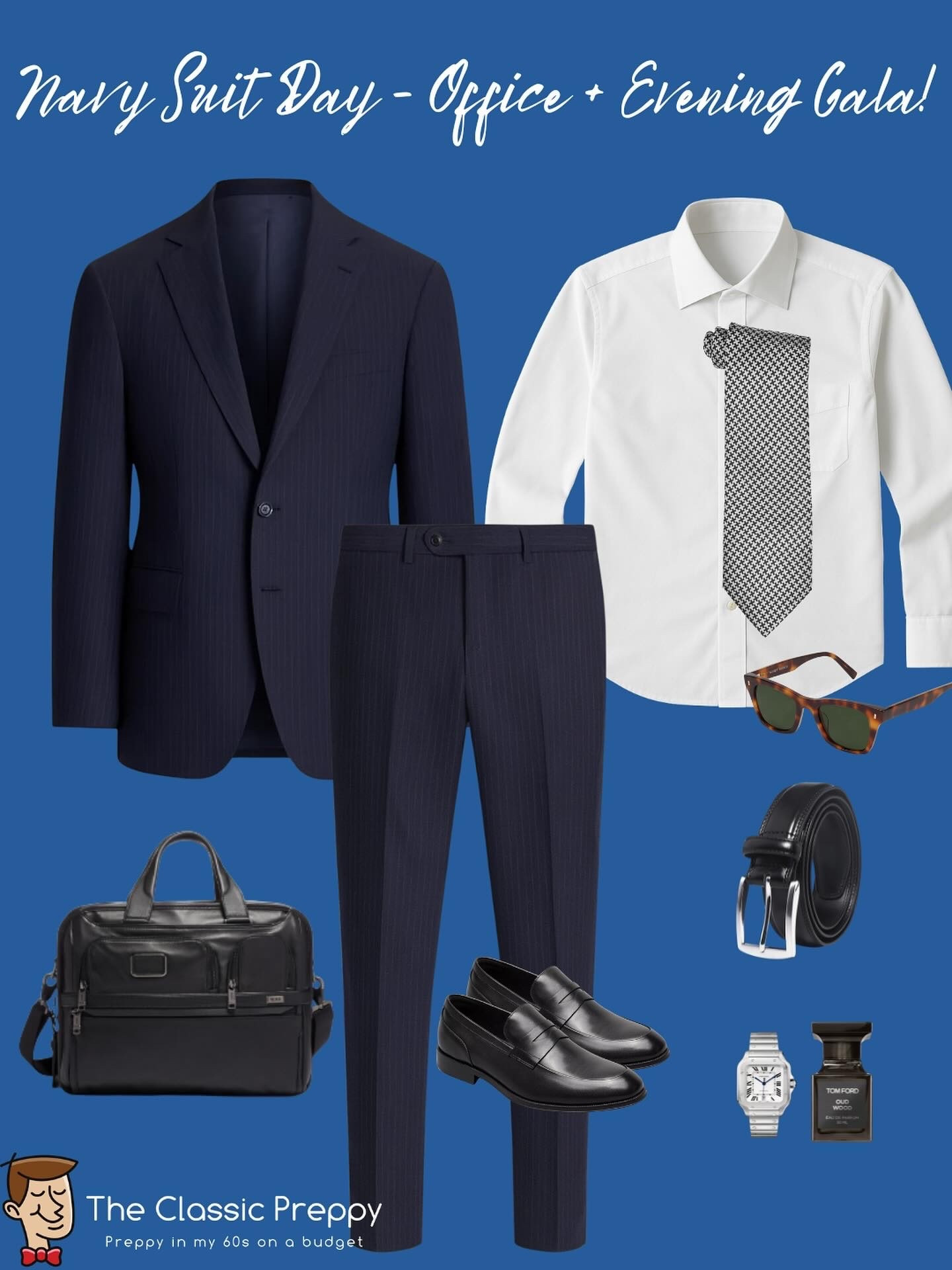 Navy suit = Perfect for the office by day, then straight to an evening gala.

👔 Suit: Navy
👕 Shirt: @brooksbrothers
👨‍💼 Tie: @otaa 
👞 Loafers: @florsheimshoes 
🕶️ Sunglasses: @warbyparker
⌚ Watch: @cartier
👜 Briefcase: @tumitravel
👃 Fragrance: @tomford

Day 260 of 365. Tap the link in bio to join the broadcast channel!

Interested in the Black & Silver Houndstooth Pattern Necktie? Click below or on link in bio and use the code for 10% off!

https://www.otaa.com/CLASSICPREPPYBUDGET
Use Code CLASSICPREPPY10

#PreppyStyle #ClassicMenswear #IvyStyle #MenswearDaily #NavySuit #PreppyOnABudget #MensStyleGuide #GalaReady #MenswearCommunity

#LTKOver40 #LTKMens #LTKStyleTip
