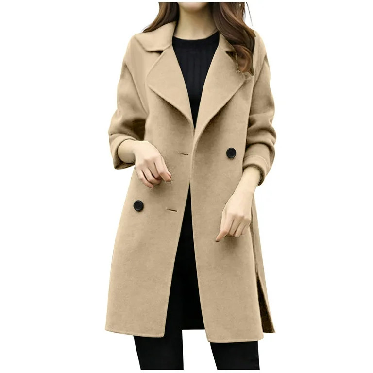 YOTAMI Womens Winter Wool Blend Coats Long Sleeve Solid Color Double-Breasted Lapel Casual Mid-Lo... | Walmart (US)