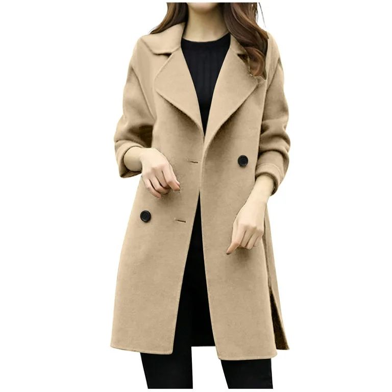 YOTAMI Womens Winter Wool Blend Coats Long Sleeve Solid Color Double-Breasted Lapel Casual Mid-Lo... | Walmart (US)